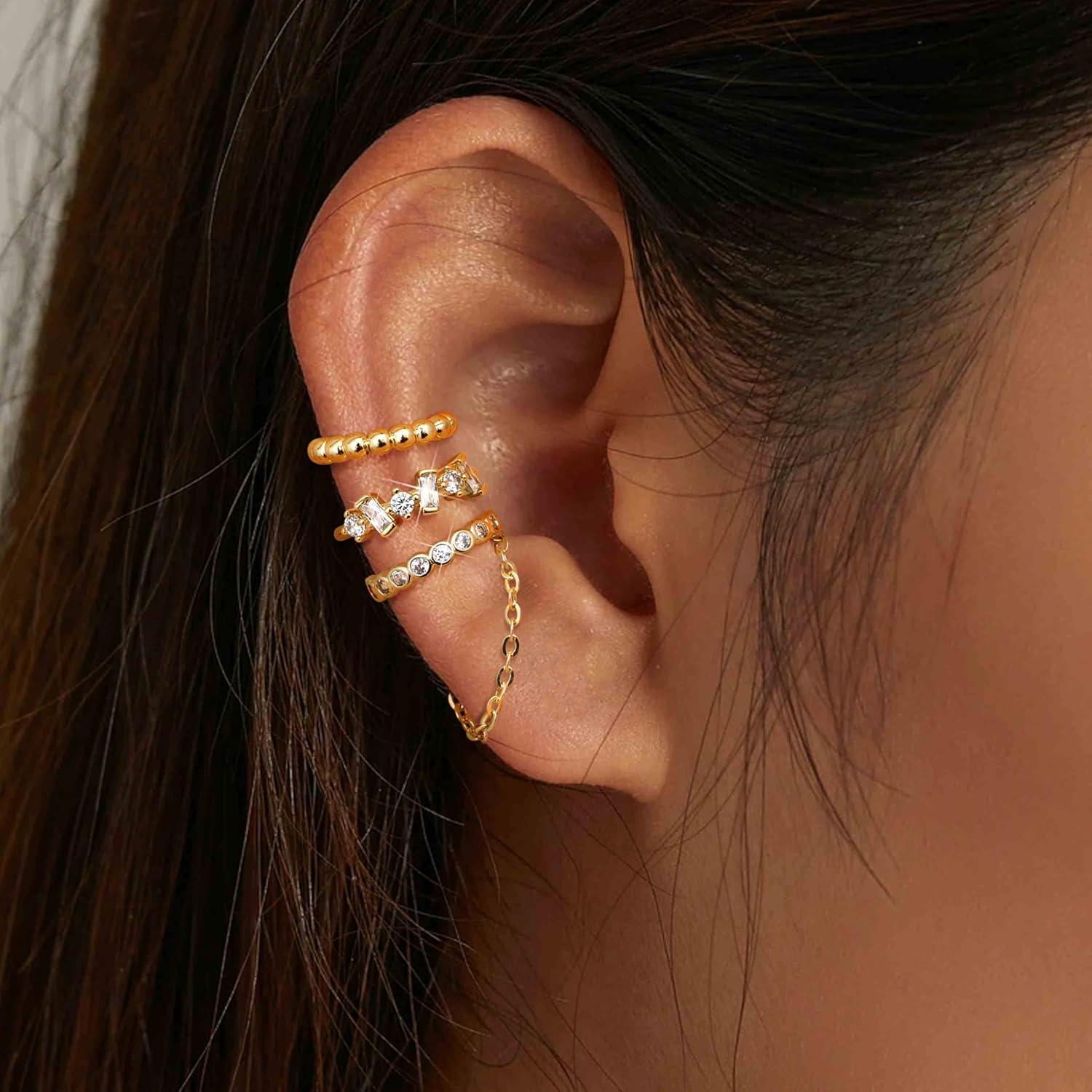 Pendientes Ear Cuff Dochais Oro 14K Ajustables para Mujeres