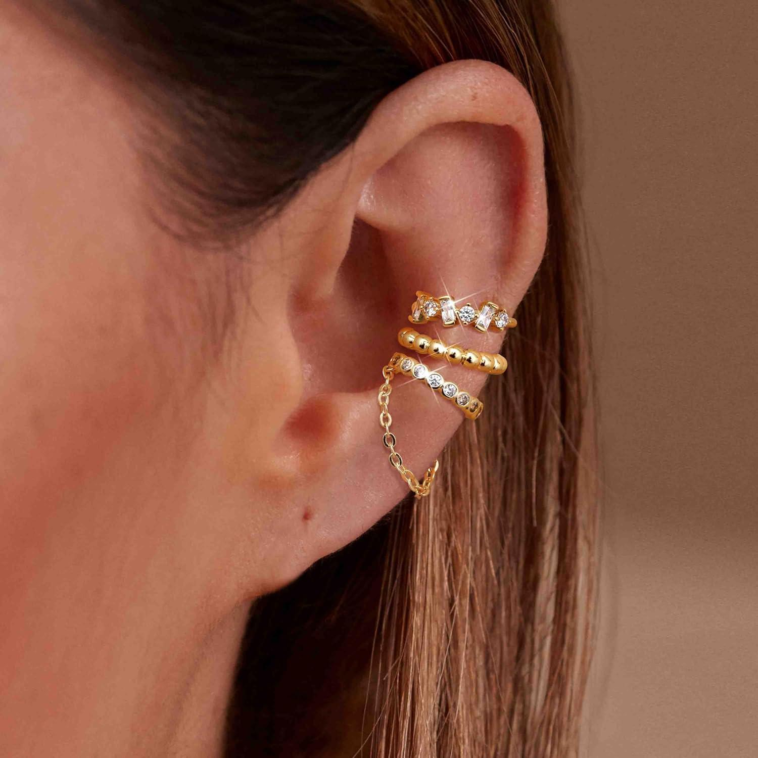 Pendientes Ear Cuff Dochais Oro 14K Ajustables para Mujeres