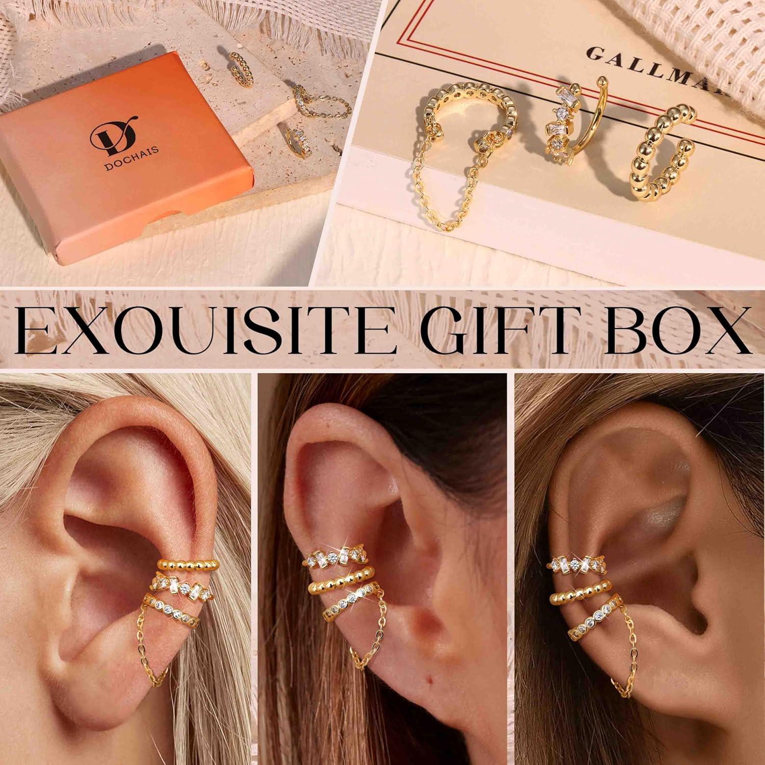 Pendientes Ear Cuff Dochais Oro 14K Ajustables para Mujeres