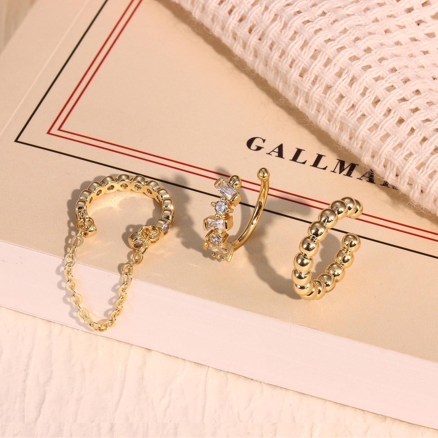 Pendientes Ear Cuff Dochais Oro 14K Ajustables para Mujeres