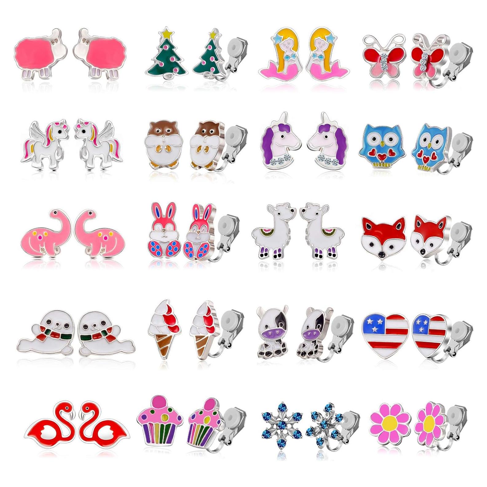 20 Pares de Pendientes de Clip para Niños - Animales Lindos