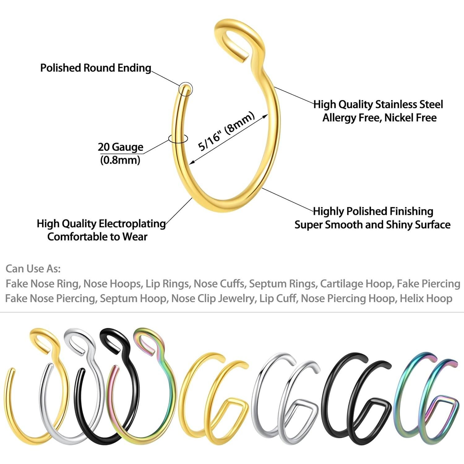 Set 12 Aros Nasales Falsos Velcare Acero Inoxidable 316L