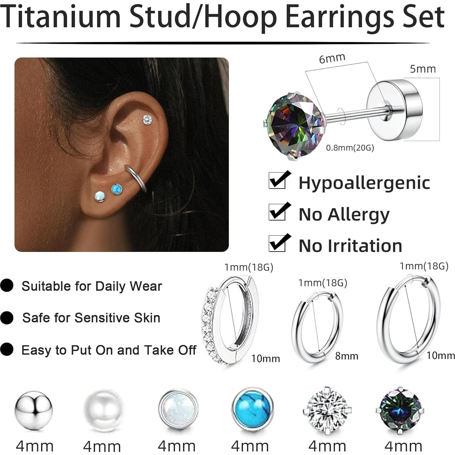 Conjunto de Pendientes de Titanio Hipoalergénicos 9 Pares