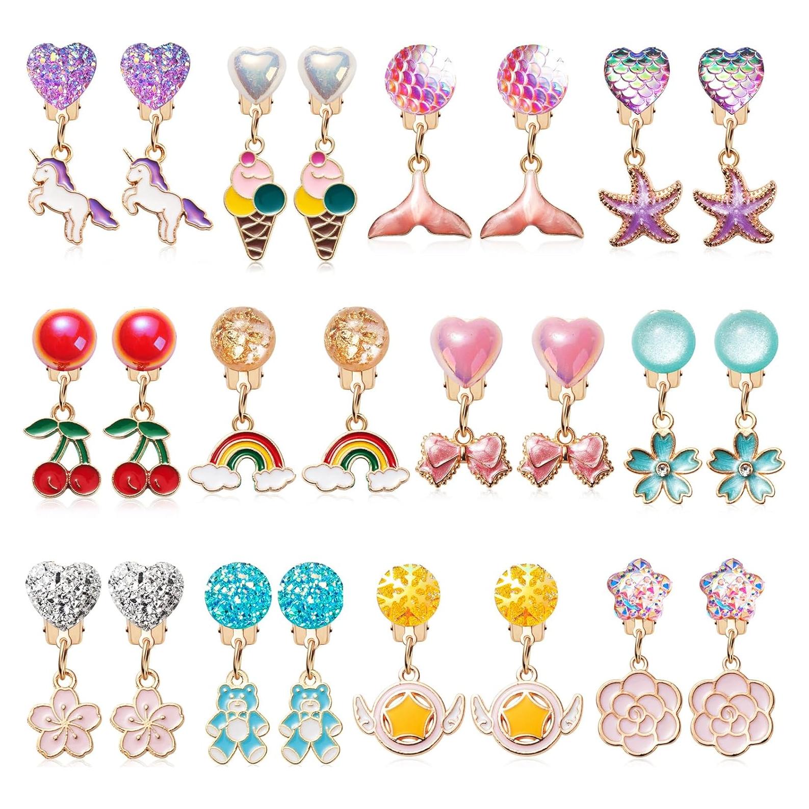 Set de 12 Pendientes de Clip para Niñas - Joyería Colorida