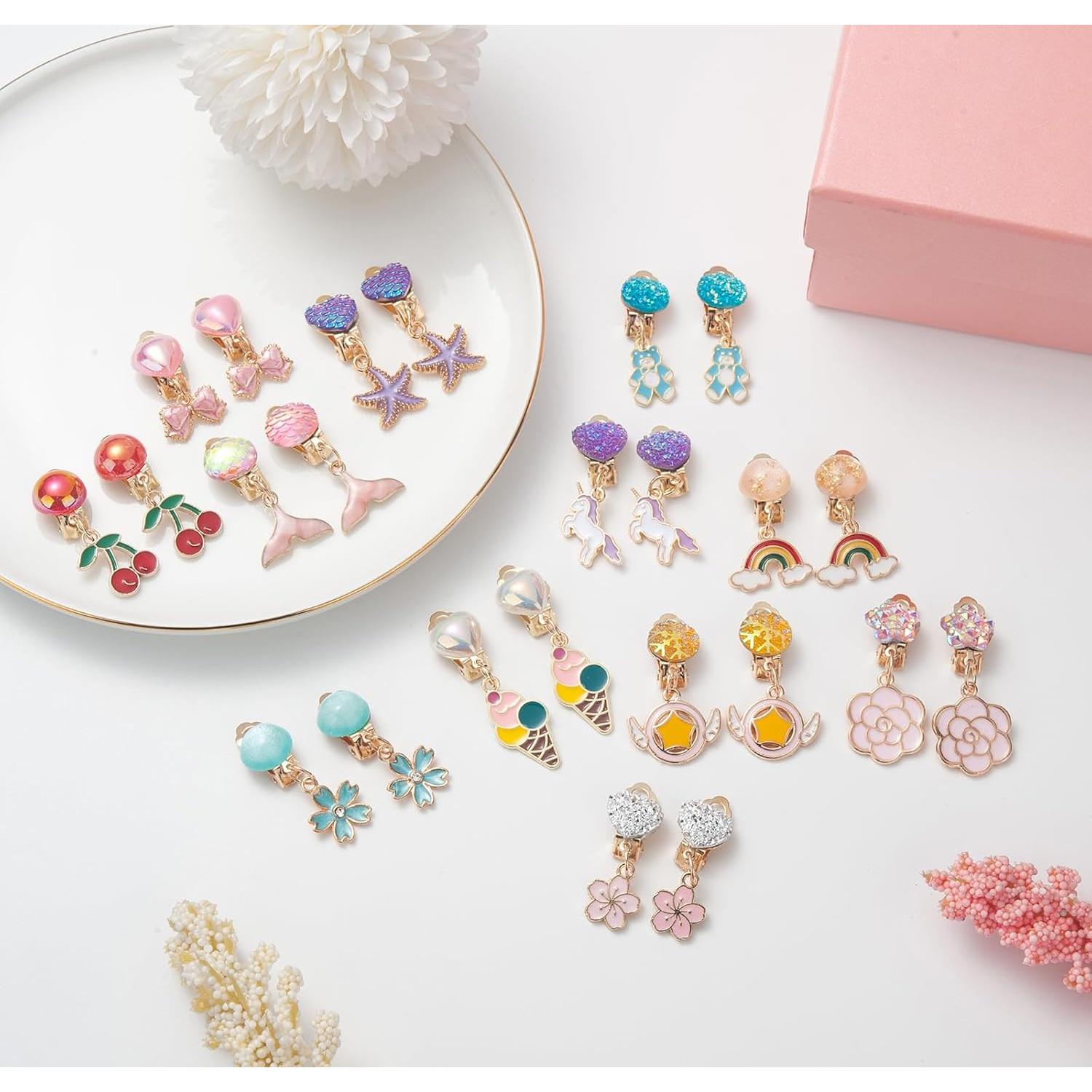 Set de 12 Pendientes de Clip para Niñas - Joyería Colorida