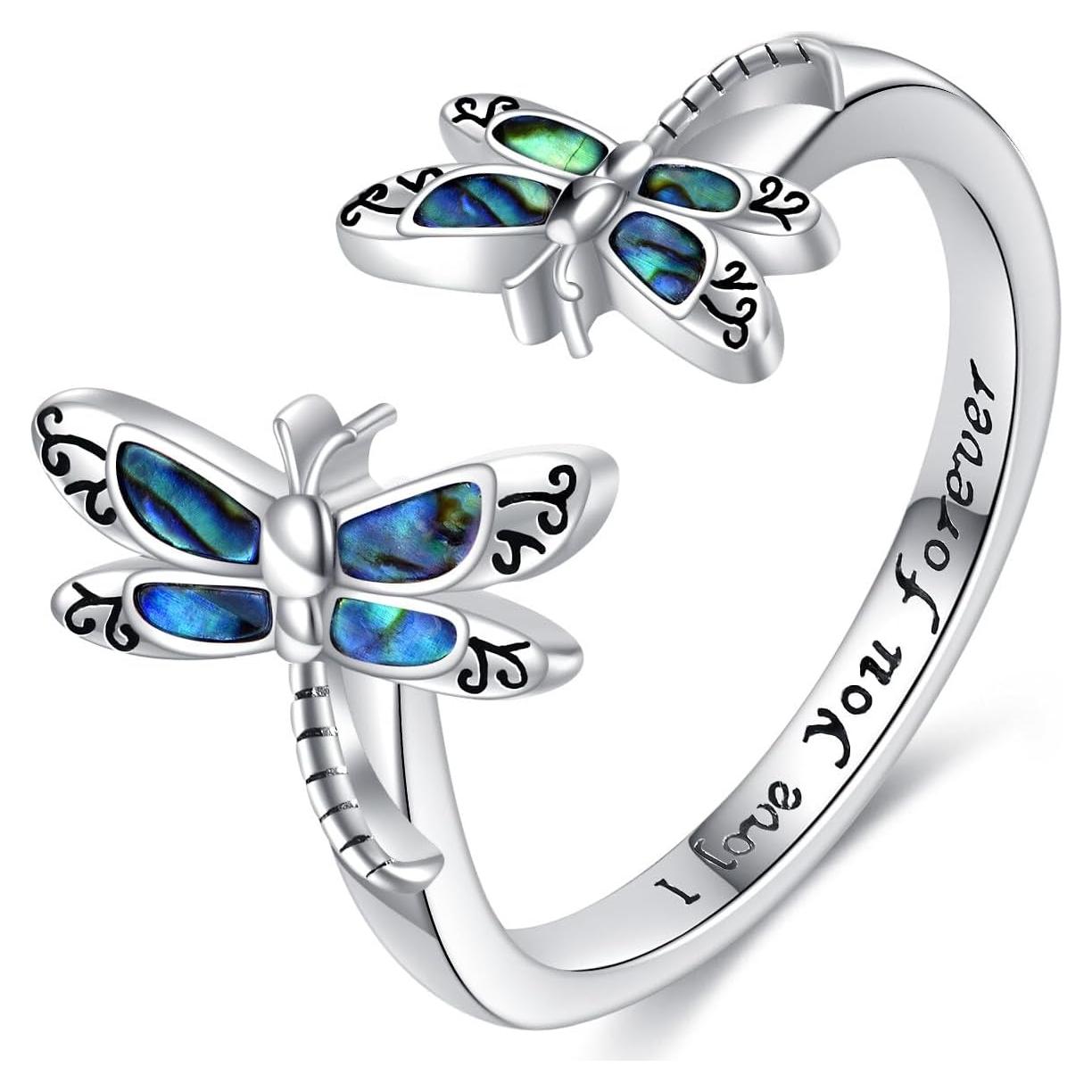 Anillo de Libélula de Plata Esterlina 925 con Turquesa y Ópalo