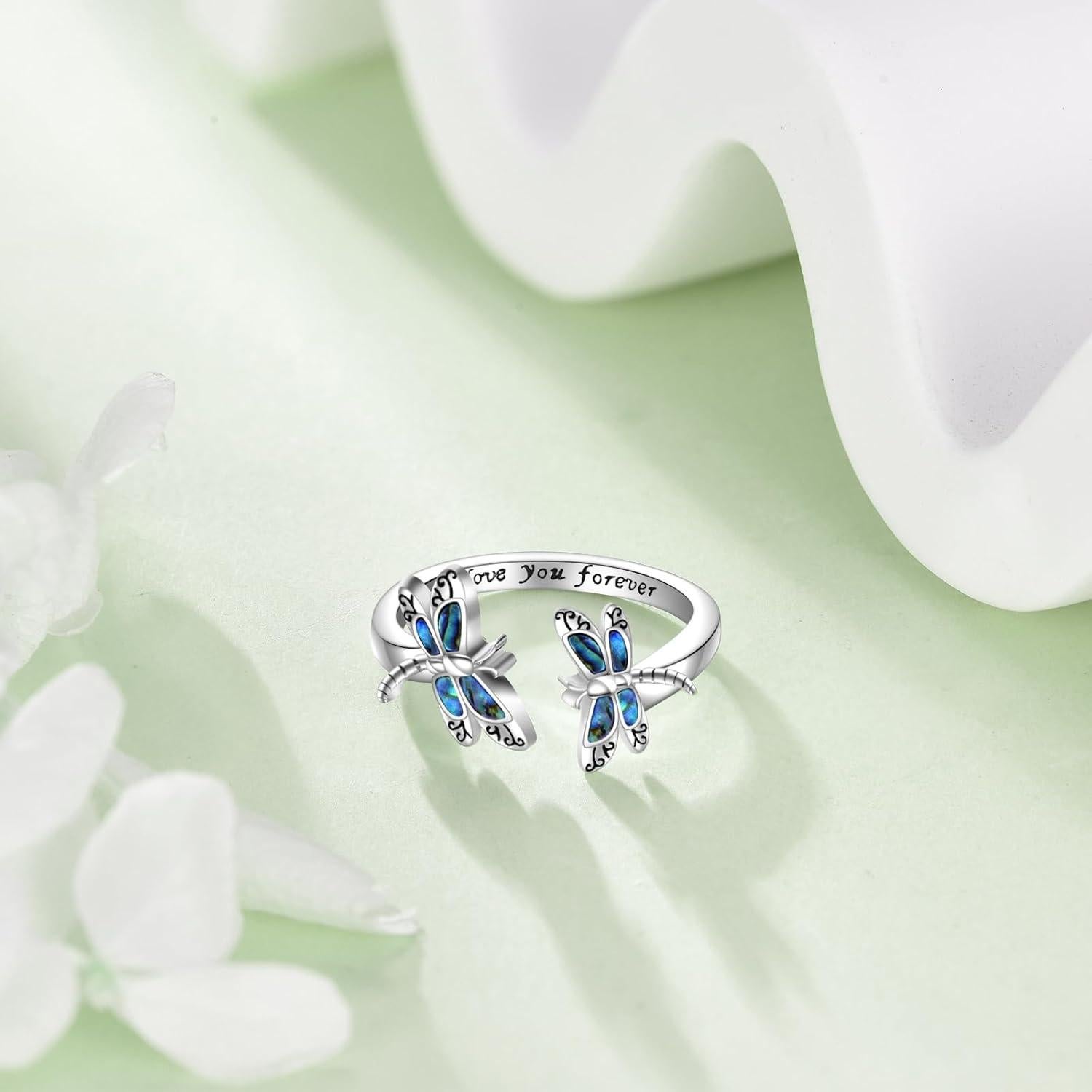 Anillo de Libélula de Plata Esterlina 925 con Turquesa y Ópalo