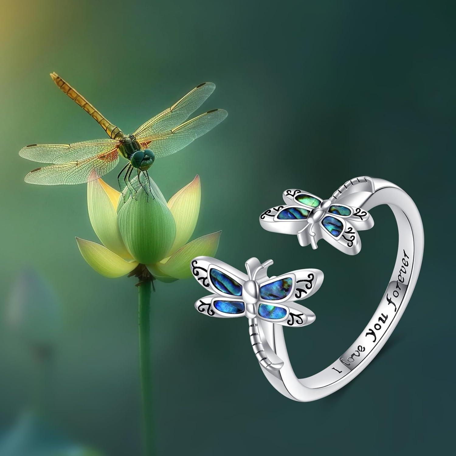 Anillo de Libélula de Plata Esterlina 925 con Turquesa y Ópalo