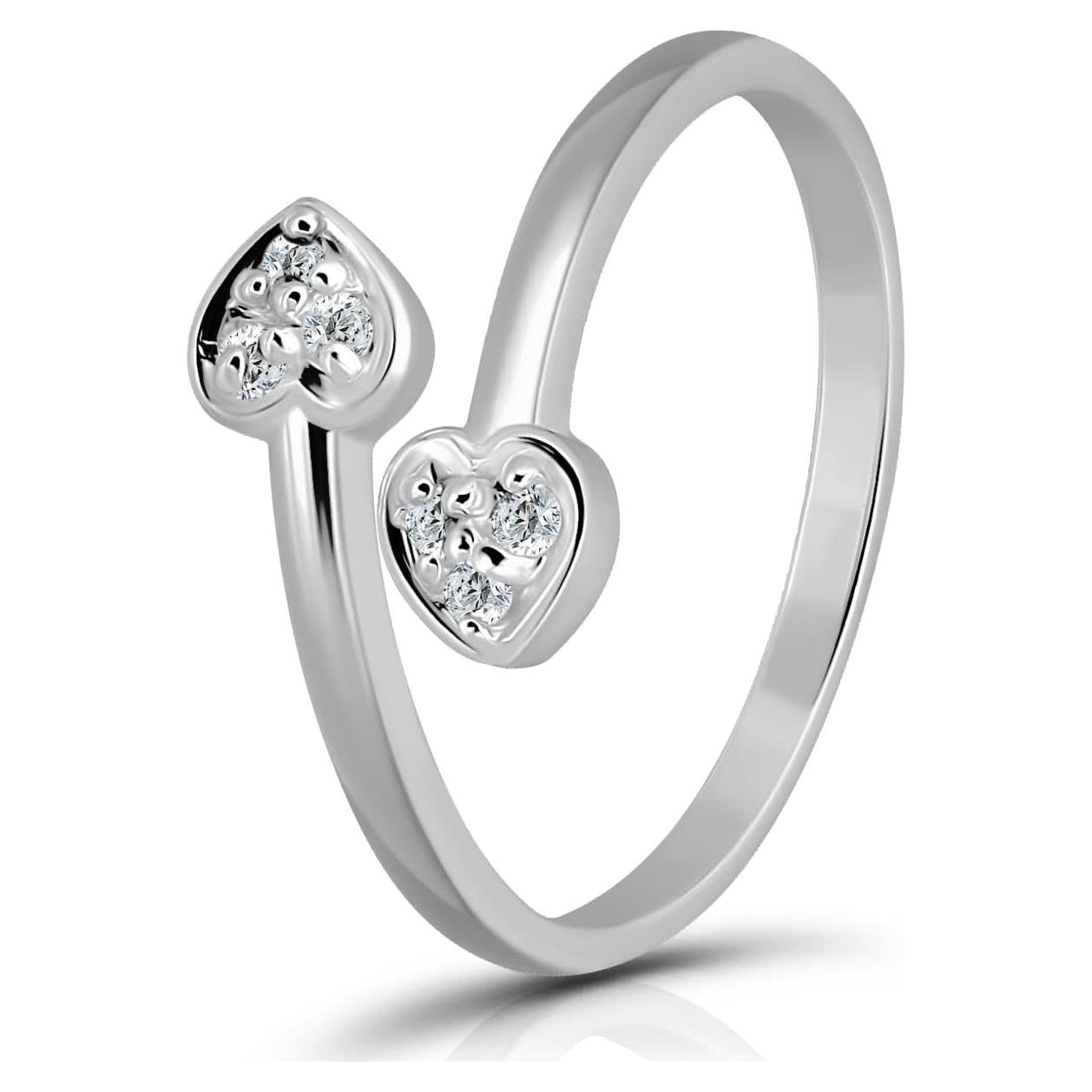 Anillo Abierto Doble Corazón Plata Esterlina 925 con Circonitas