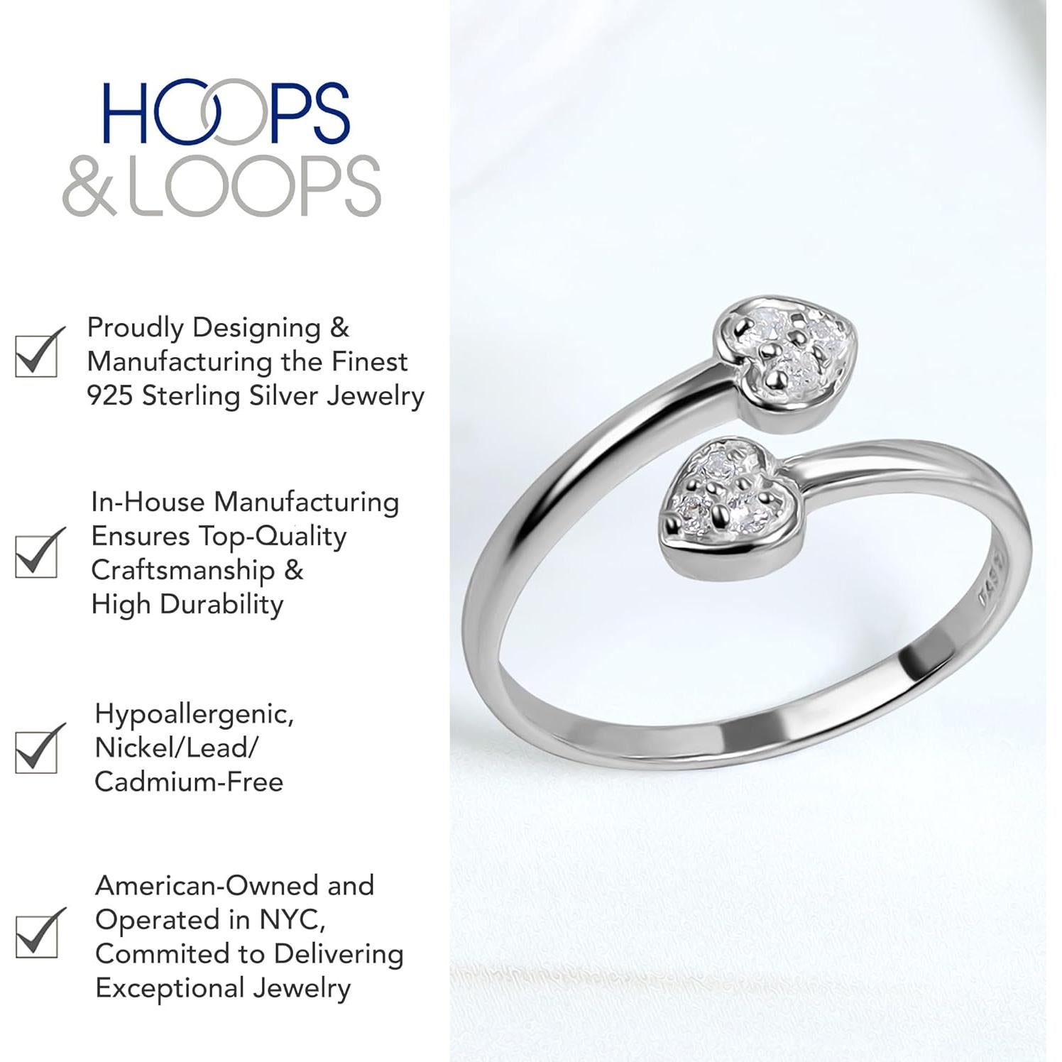 Anillo Abierto Doble Corazón Plata Esterlina 925 con Circonitas