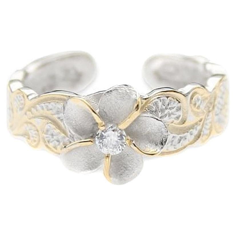 Anillo de Dedo Plumeria Plata Esterlina Oro Amarillo CZ