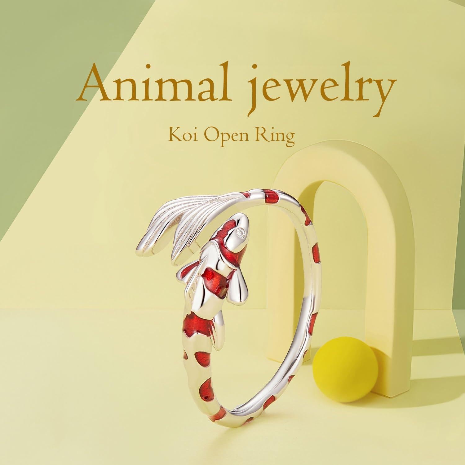 Anillo Abierto Ajustable de Plata VOROCO con Diseño de Pez Koi