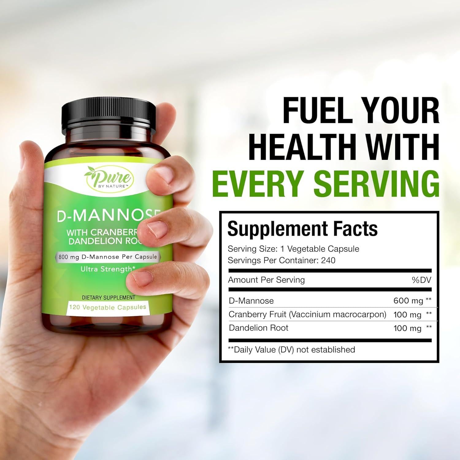 D-Mannose Pure By Nature 600mg con Arándano y Diente de León 120 Cápsulas