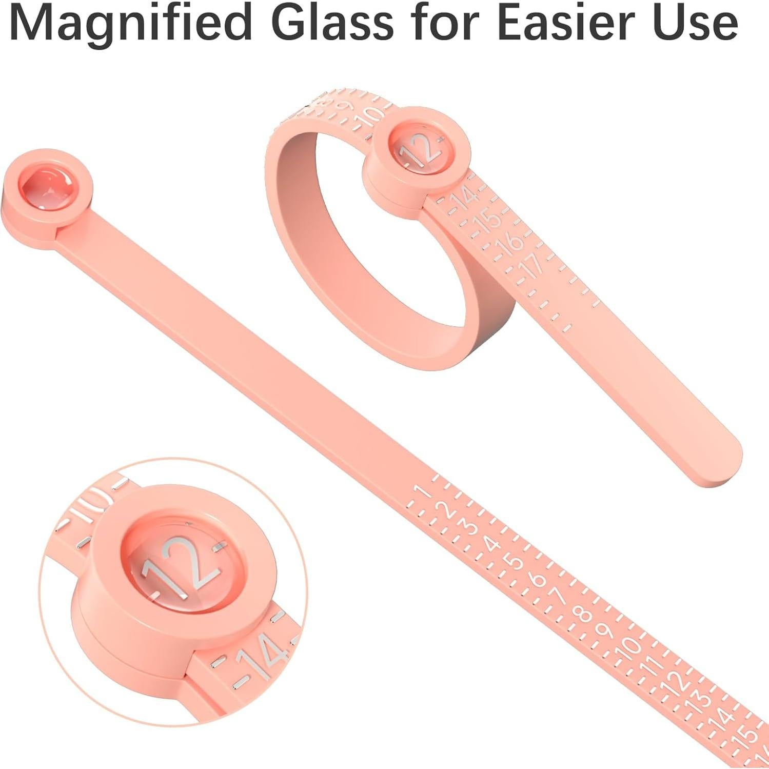 REIDEA Ring Size Measuring Tool, Reusable Finger Sizer Belt with Magnified Glass, Sizes 1-17 US Rings (Rose Yellow Sizer with Silver Scale)