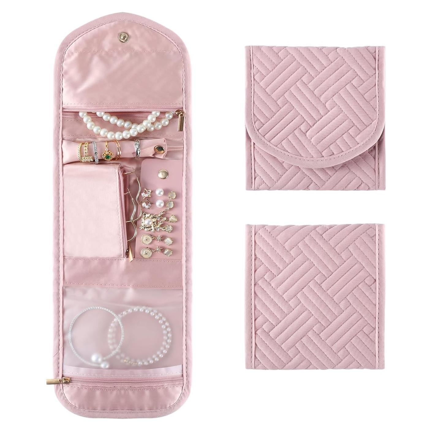 Travel Jewelry Bag,Foldable Jewelry Storage Roll For Journey-Rings,Necklaces,Earrings, Bracelets,Soft Pink