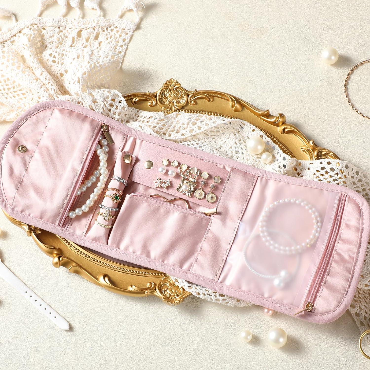 Travel Jewelry Bag,Foldable Jewelry Storage Roll For Journey-Rings,Necklaces,Earrings, Bracelets,Soft Pink