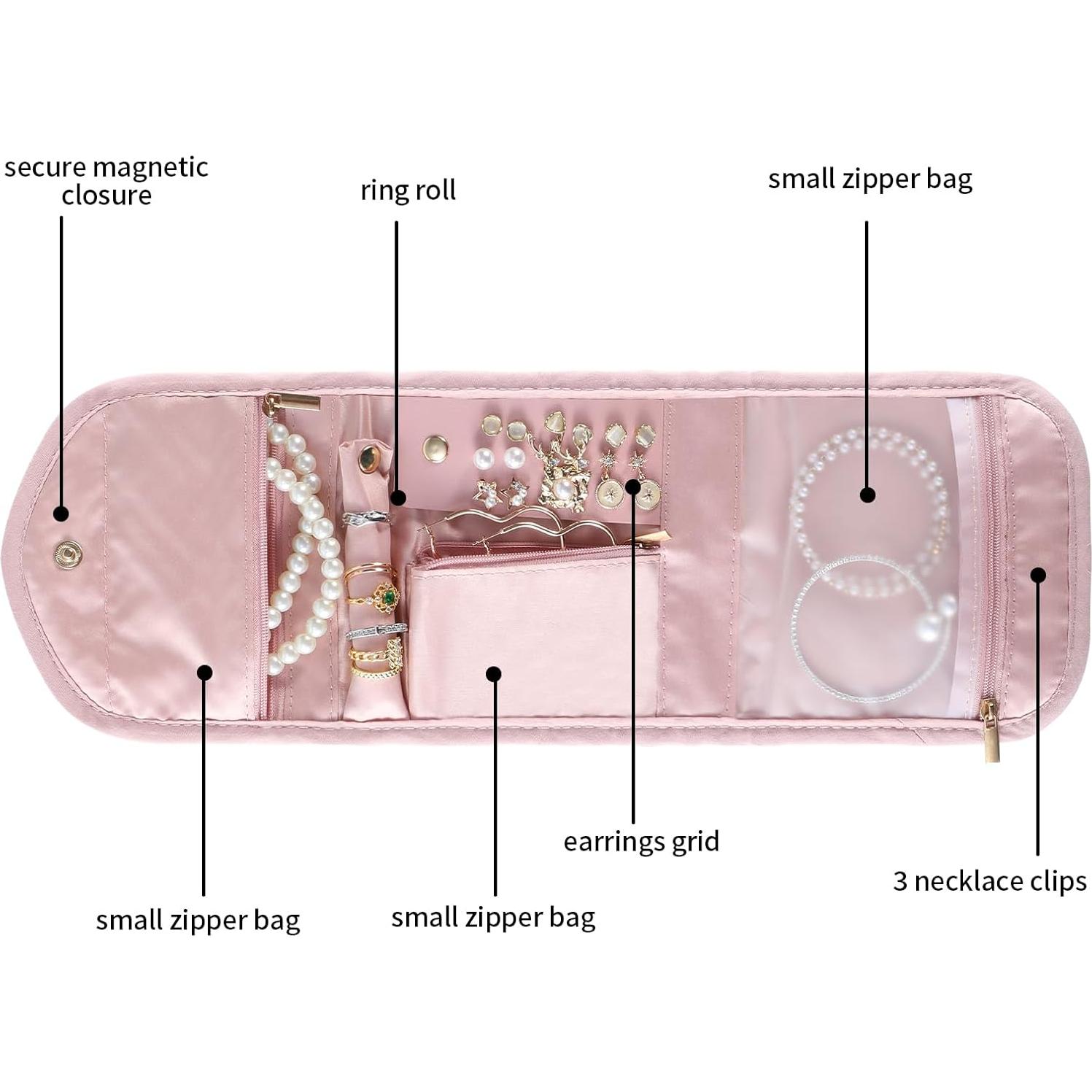 Travel Jewelry Bag,Foldable Jewelry Storage Roll For Journey-Rings,Necklaces,Earrings, Bracelets,Soft Pink