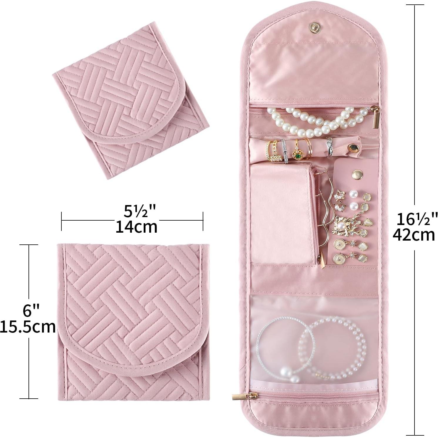 Travel Jewelry Bag,Foldable Jewelry Storage Roll For Journey-Rings,Necklaces,Earrings, Bracelets,Soft Pink
