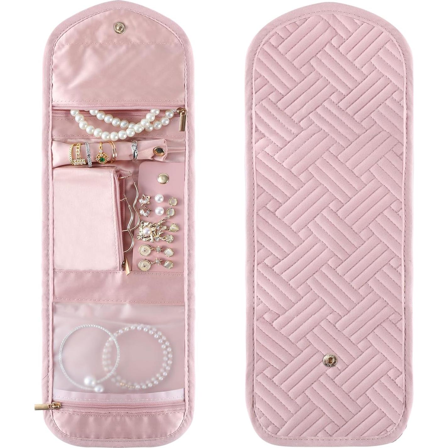 Travel Jewelry Bag,Foldable Jewelry Storage Roll For Journey-Rings,Necklaces,Earrings, Bracelets,Soft Pink