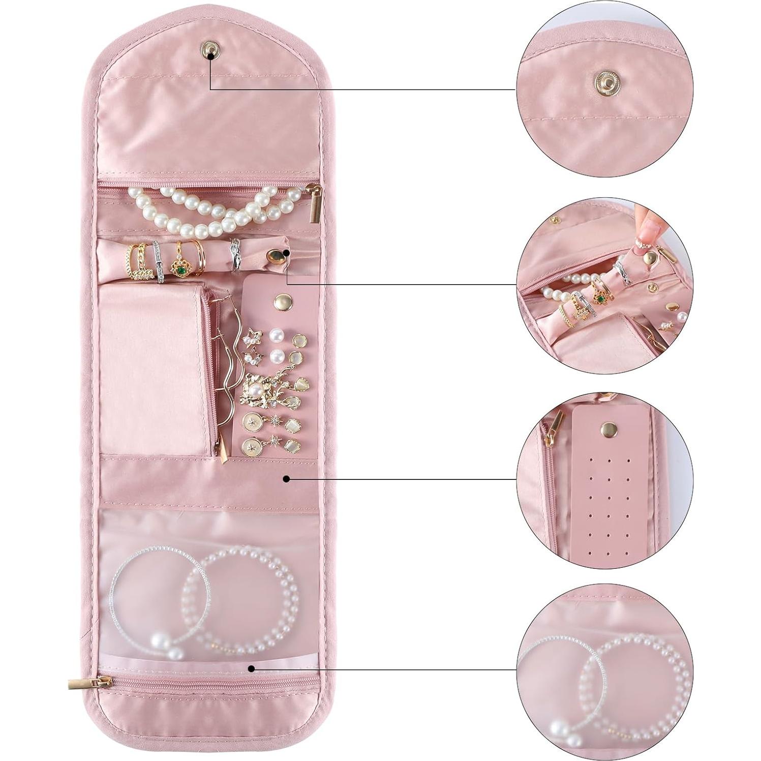 Travel Jewelry Bag,Foldable Jewelry Storage Roll For Journey-Rings,Necklaces,Earrings, Bracelets,Soft Pink