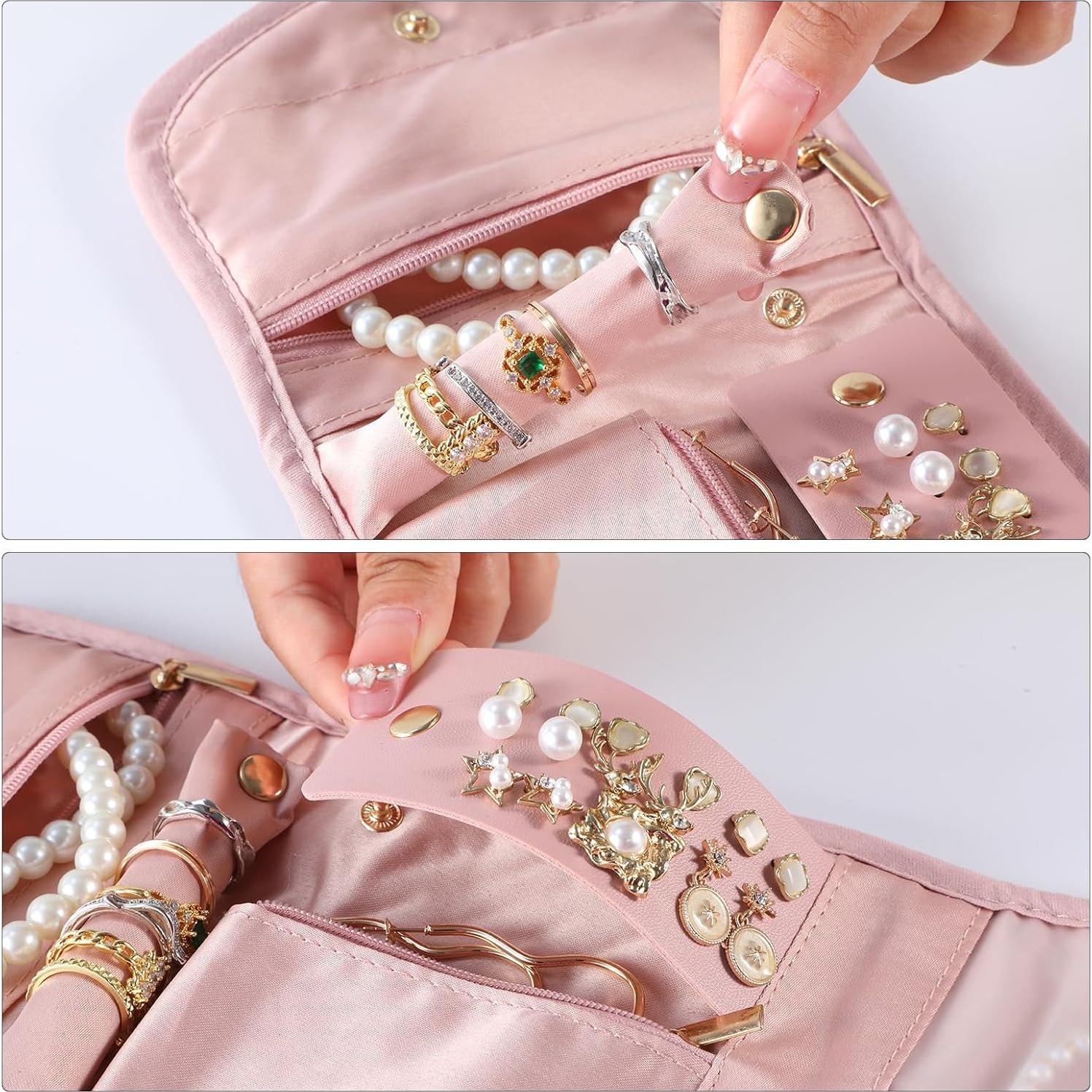 Travel Jewelry Bag,Foldable Jewelry Storage Roll For Journey-Rings,Necklaces,Earrings, Bracelets,Soft Pink