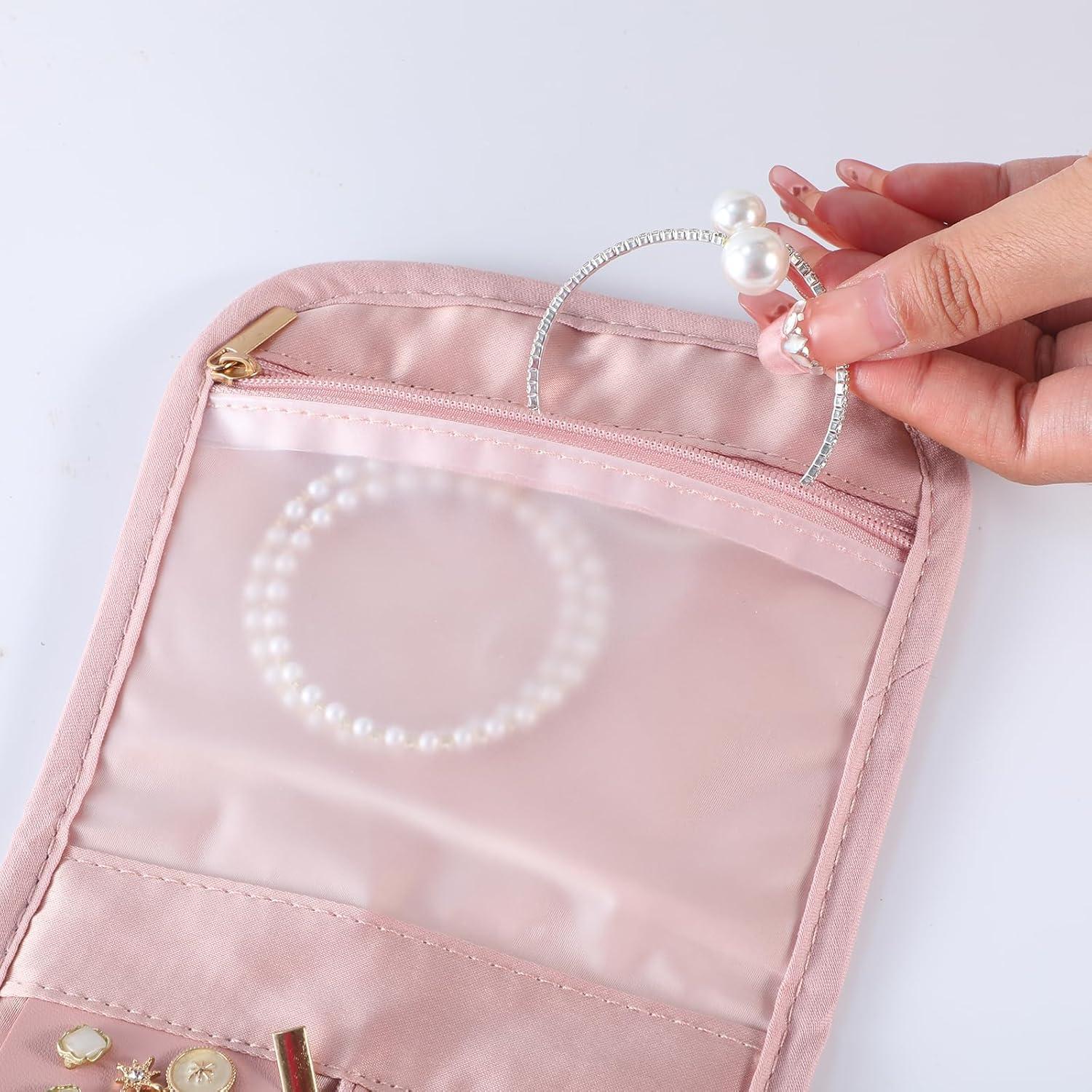 Travel Jewelry Bag,Foldable Jewelry Storage Roll For Journey-Rings,Necklaces,Earrings, Bracelets,Soft Pink