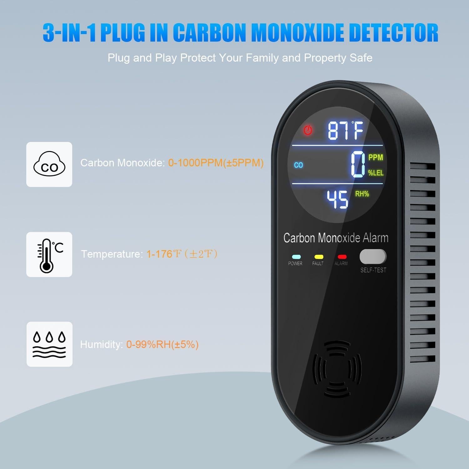 Detector de Monóxido de Carbono WESHLGD Enchufable 3 en 1