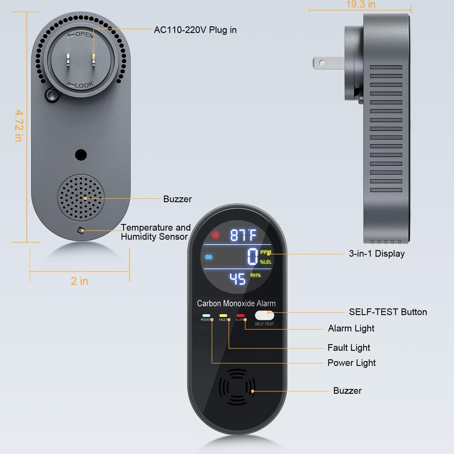 Detector de Monóxido de Carbono WESHLGD Enchufable 3 en 1