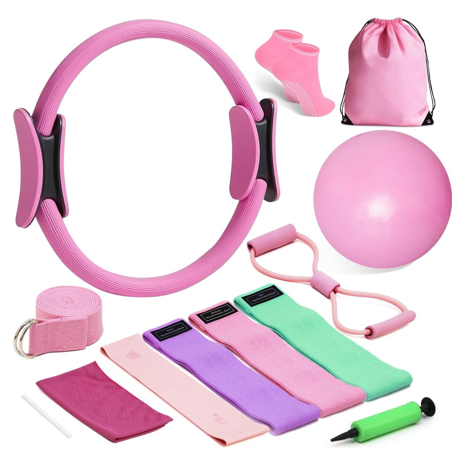 Kit de Pilates Jollcma Rosa 01 con Anillo, Pelota y Bandas