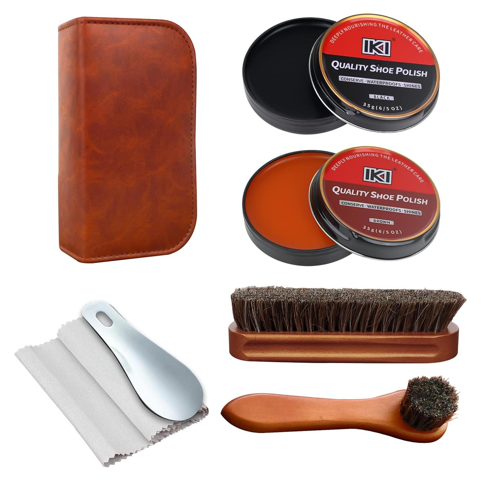 Kit de Cuidado de Zapatos IKI - 7 Piezas para Cuero Negro y Marrón