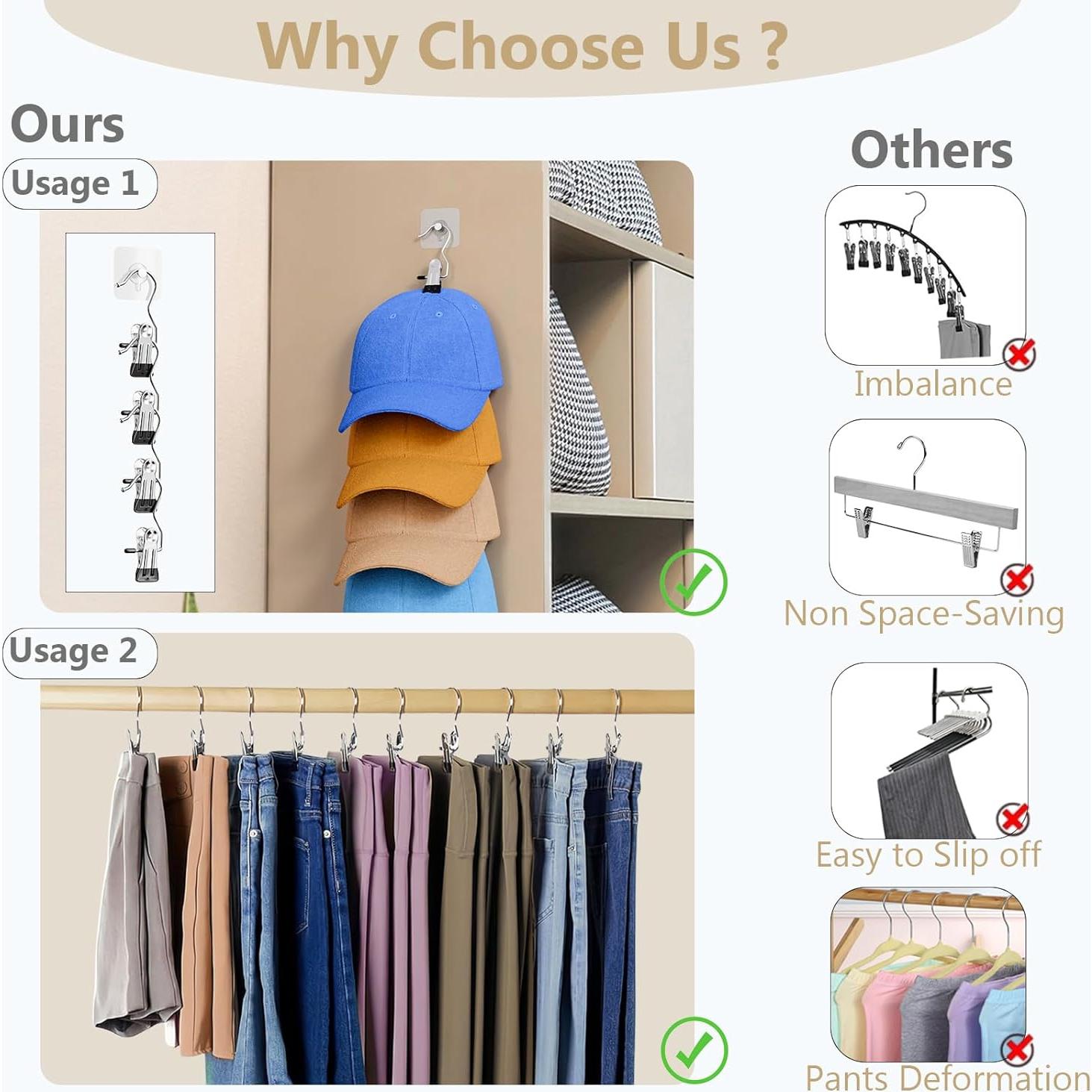 Perchas para Pantalones con Clips Organizador 12 Clips + 3 Ganchos