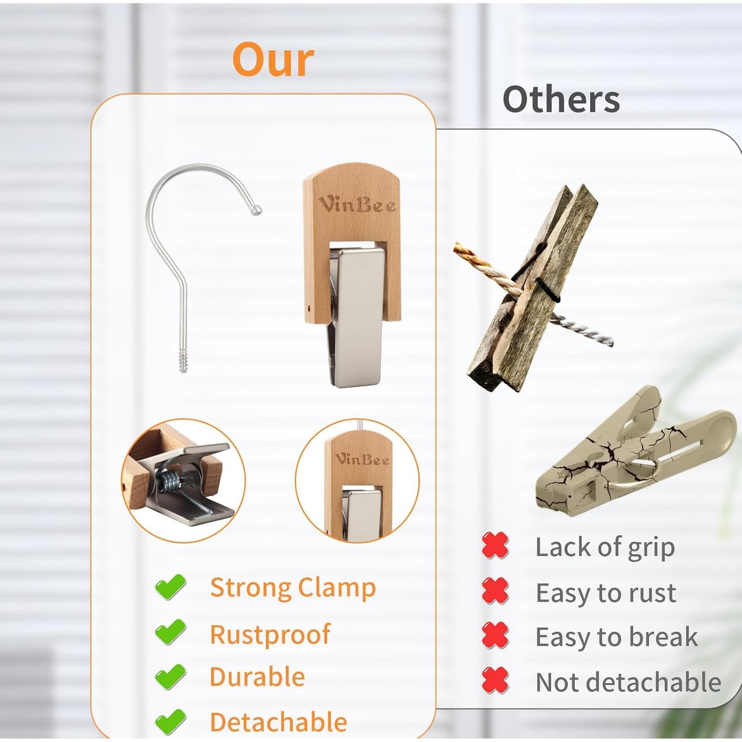 Ganchos de Madera VinBee 6 PCS con Clips Antideslizantes