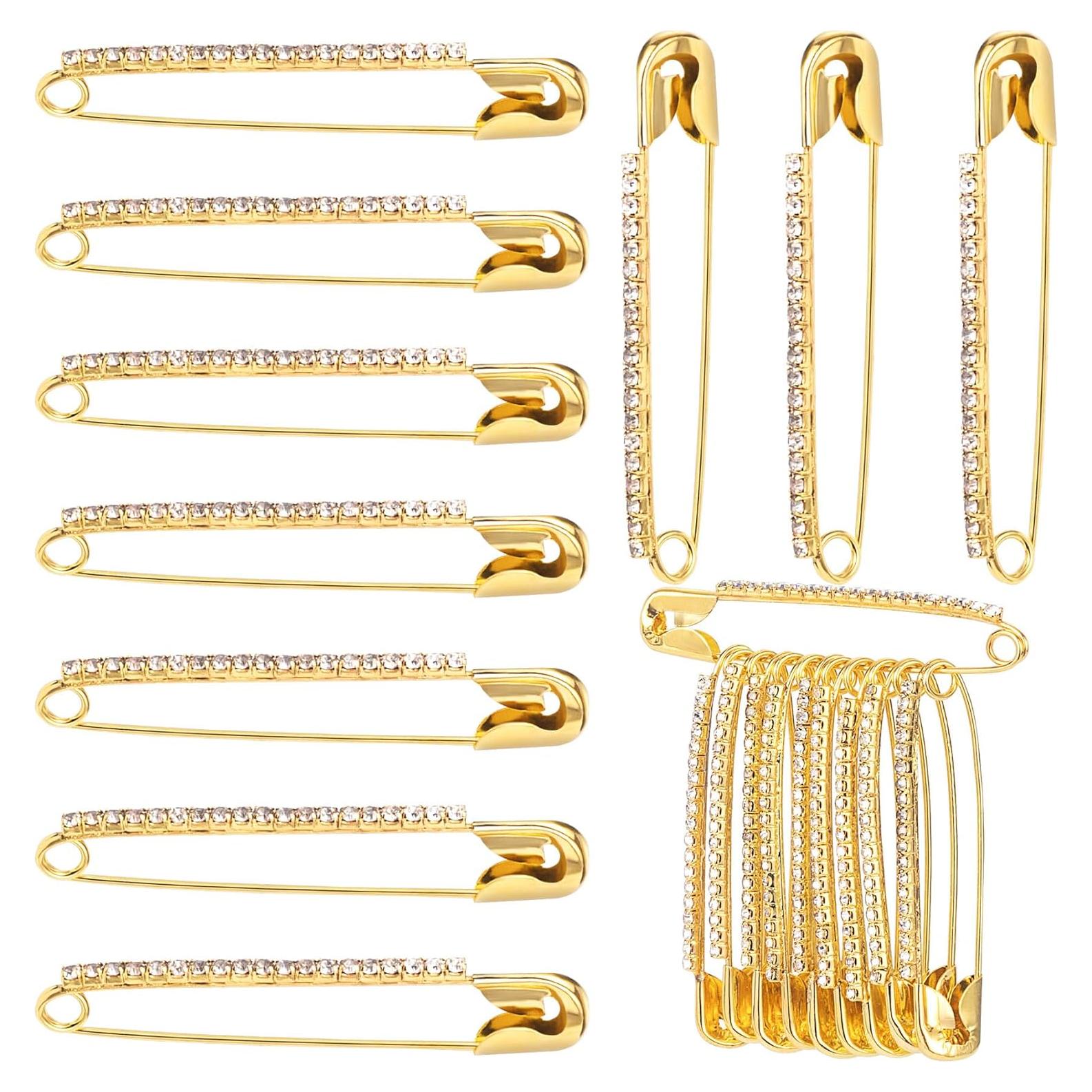 10 Alfileres de Seguridad Dorados con Rhinestones Isslly