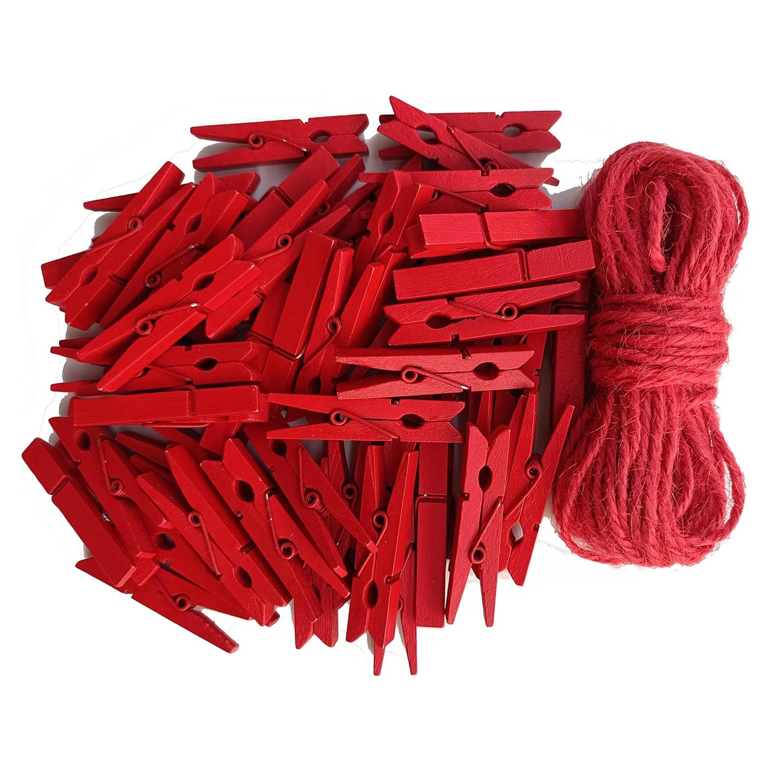 Pinzas de Madera Rojas DurReus 50 Piezas 4.8cm con Cuerda