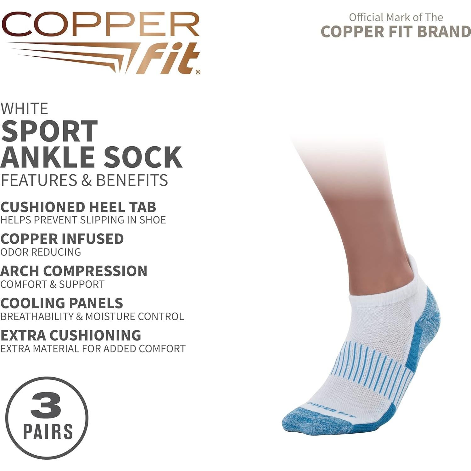 Calcetines Deportivos Copper Fit 3 Pares Tobillo Blanco