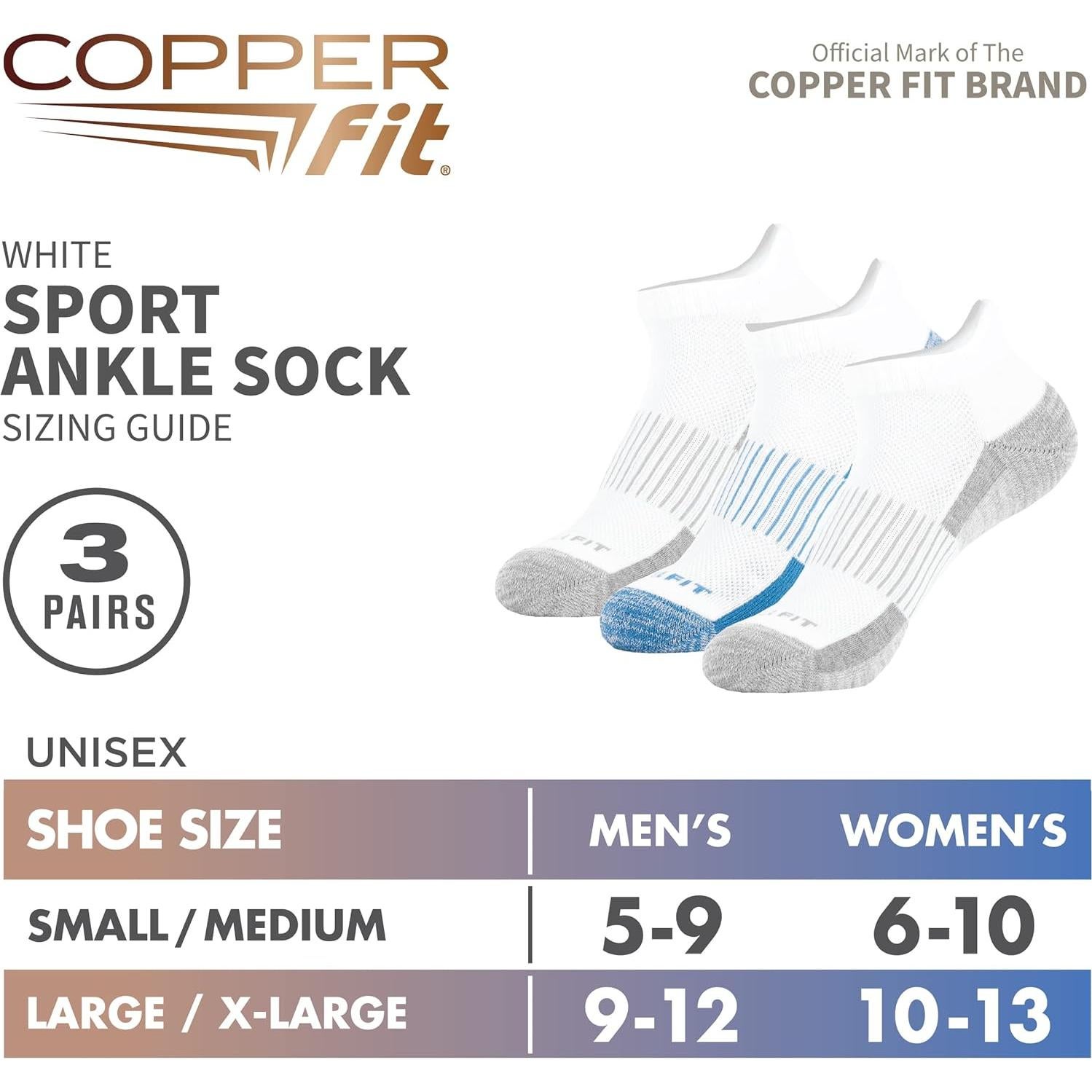 Calcetines Deportivos Copper Fit 3 Pares Tobillo Blanco