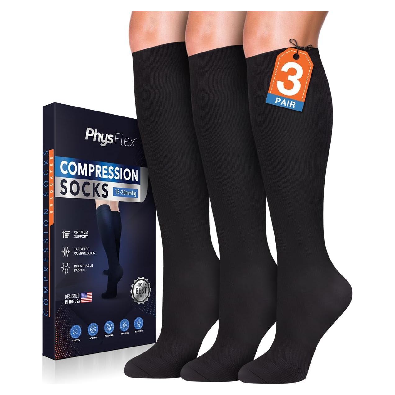 Calcetines de Compresión PhysFlex Unisex 3 Pares Negro 15-20mmHg