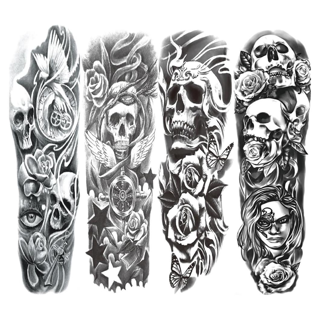 Tatuajes Temporales de Manga Completa Calavera LEOARS - 4 Hojas