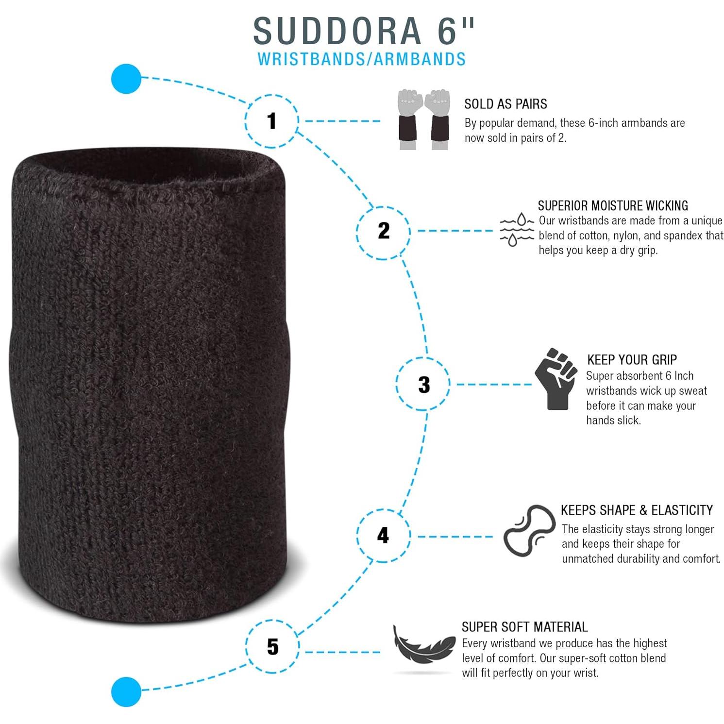 Suddora 6" Doublewide Wrist Bands/Armbands (Pair) - Thick Sweatbands for Basketball, Tennis, Baseball, Gym
