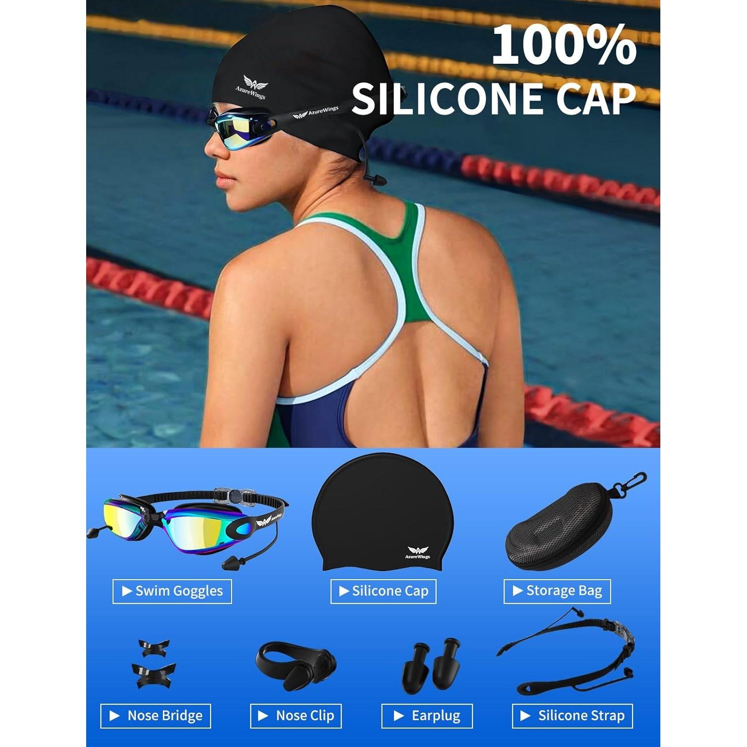 Gafas de natación 7 en 1 AzureWings con gorro y accesorios