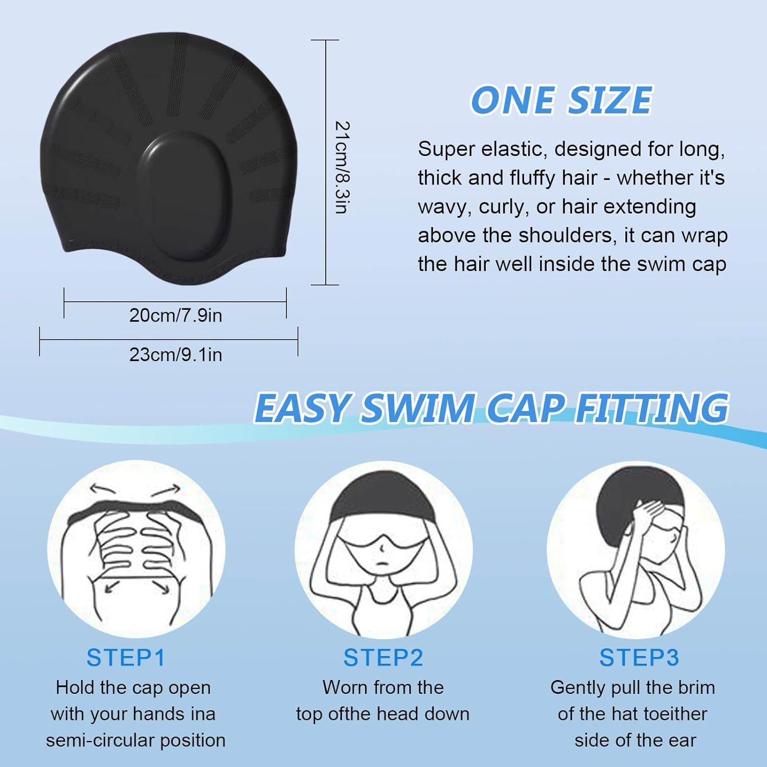 Gorro de Natación de Silicona Vanolu Unisex Negro para Cabello Largo