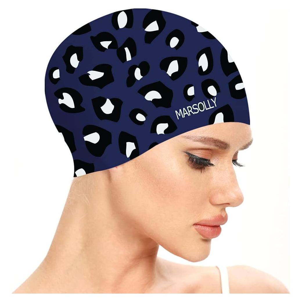 Gorro de natación Marsolly para mujeres, silicona grande leopardo