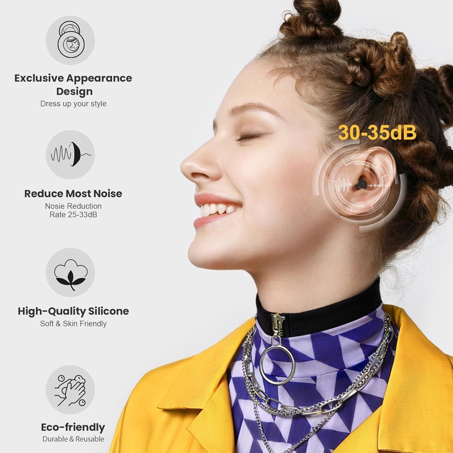 Ear Plugs for Sleeping Noise Cancelling, Reusable Earplugs for Noise Reduction, Soft Silicone Hearing Protection Ear Plugs for Sleep, Work, Noise Sensitivity, Study, Snoring, Concert 30-35dB