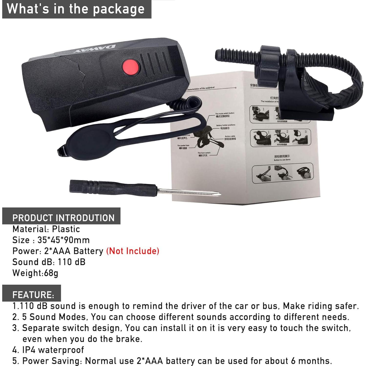 Bocina Eléctrica DAWAY A14 110dB para Bicicleta - 5 Modos