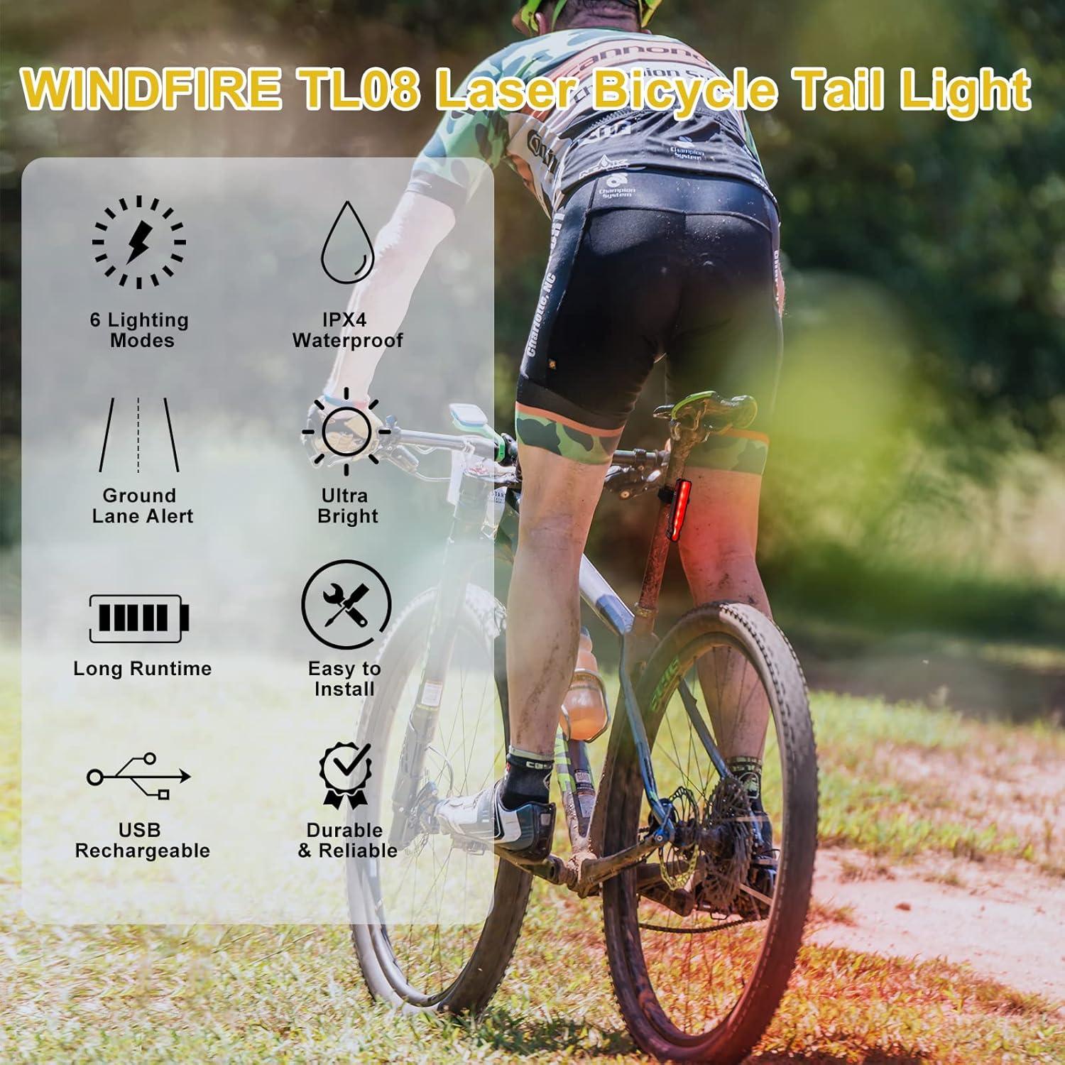 Luz Trasera Recargable WINDFIRE LED Rojo con Láser 6 Modos