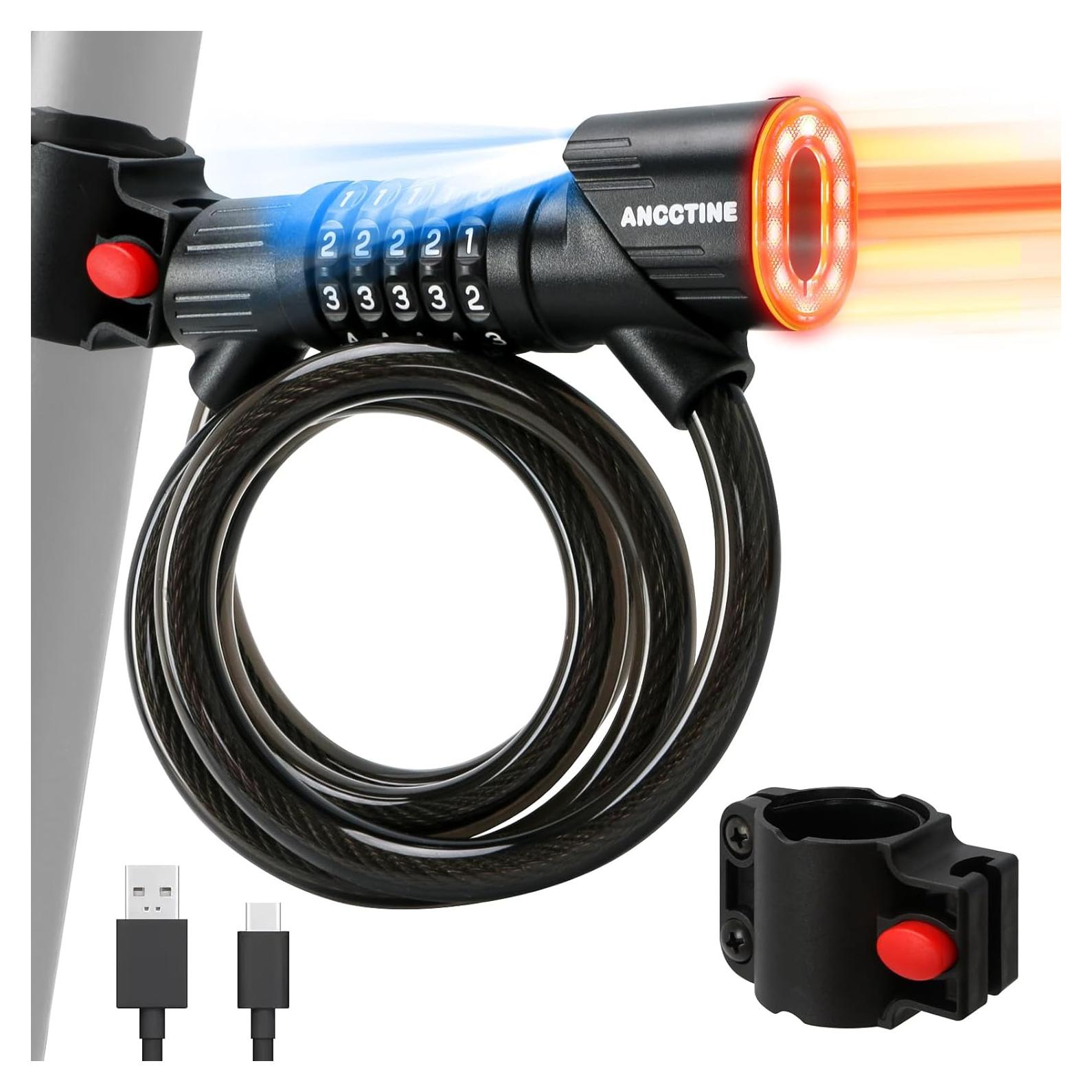 Candado de Cable ANCCTINE 1.22m con Luz LED y Combinación 5 Dígitos