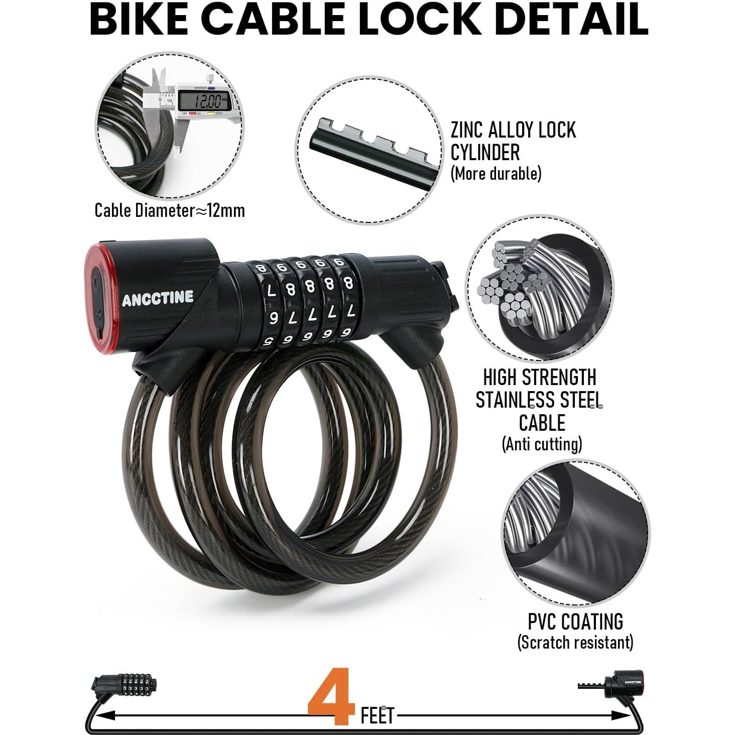 Candado de Cable ANCCTINE 1.22m con Luz LED y Combinación 5 Dígitos