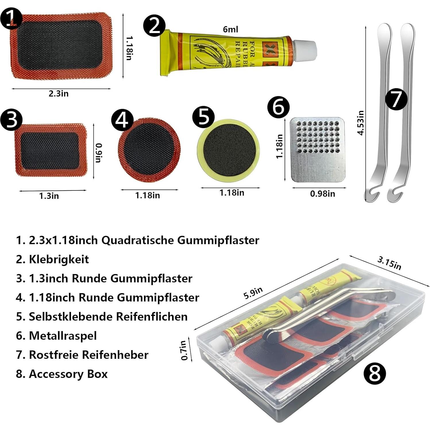 Kit de Reparación de Neumáticos de Bicicleta Qgond - 8 Parches, 3 Raspadores, 2 Palancas y Pegamento