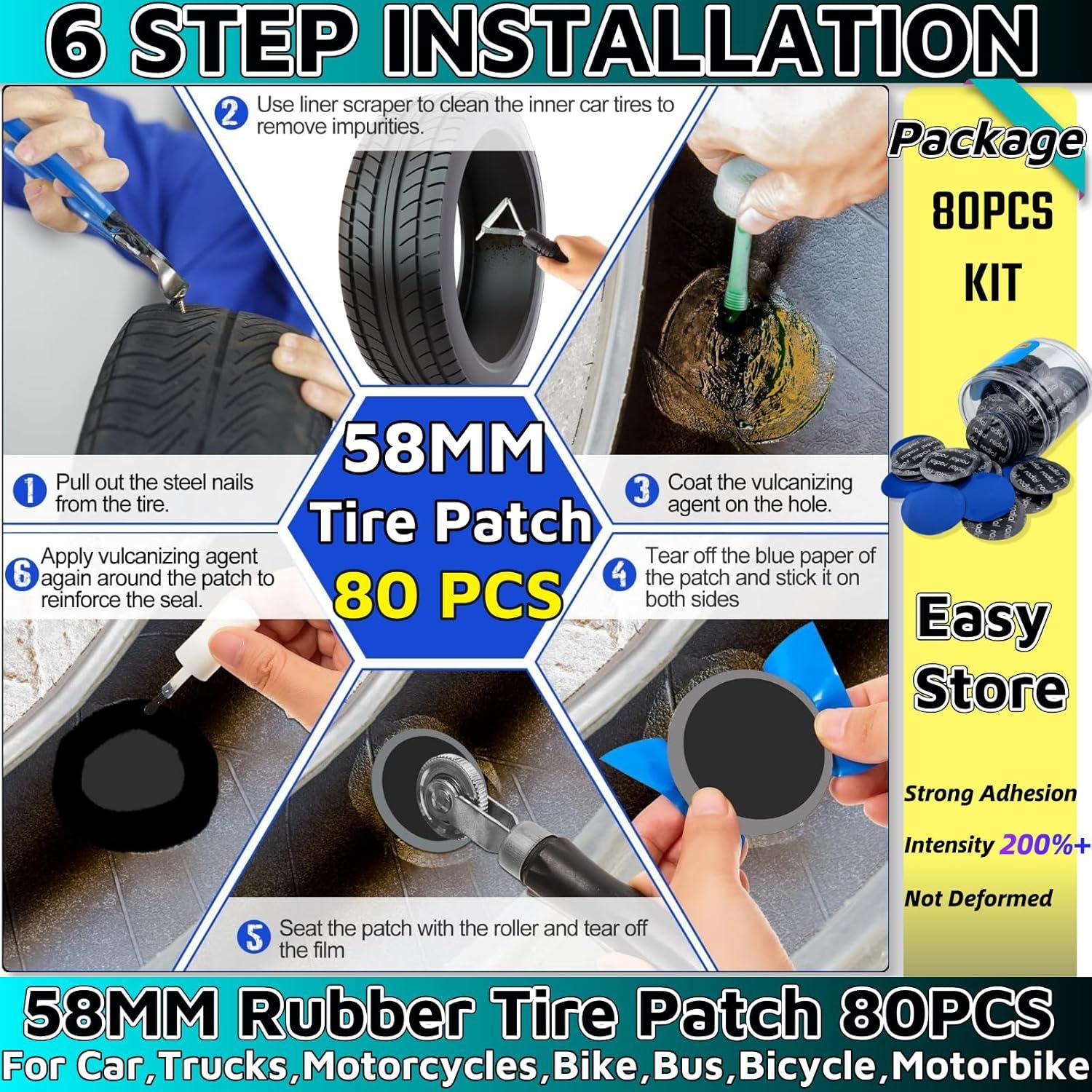 Kit de Reparación de Neumáticos Planos 80PCS HuGuWdy 58MM