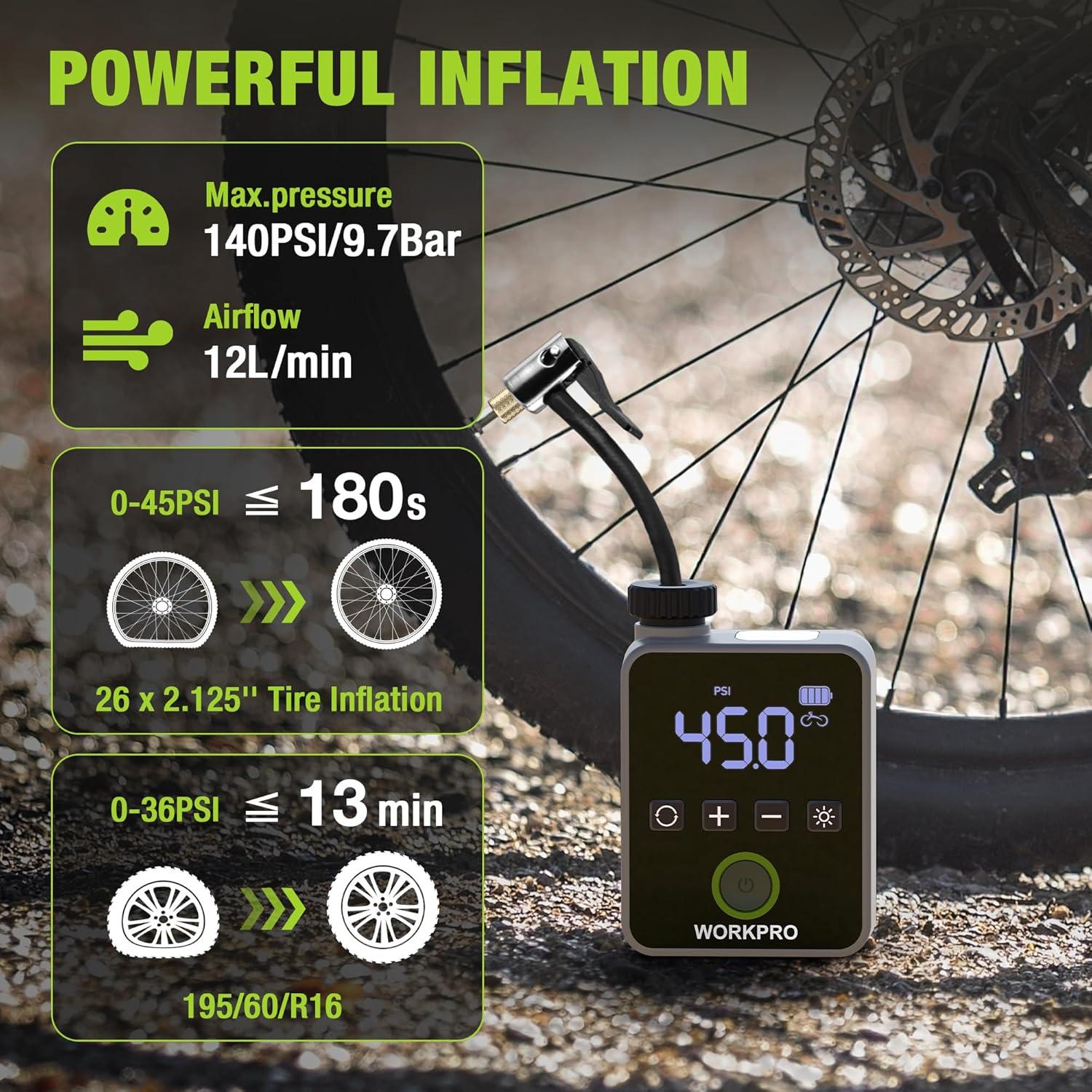 Bomba de Bicicleta Eléctrica WORKPRO Mini 140 PSI Portátil